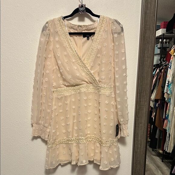 7•NWT Lulus | Might Be Magic | Ivory Clip Dot Long Sleeve Mini Dress | Large - Picture 6 of 12